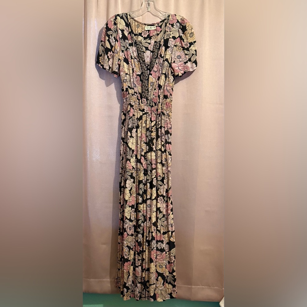 NATURAL LIFE Pink and Cream Pleated Smocked Maxi Dress